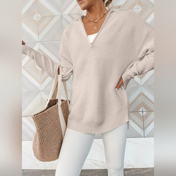 Cream V-Neck Chunky Half Zip Long Sleeve Knit Top Sweater